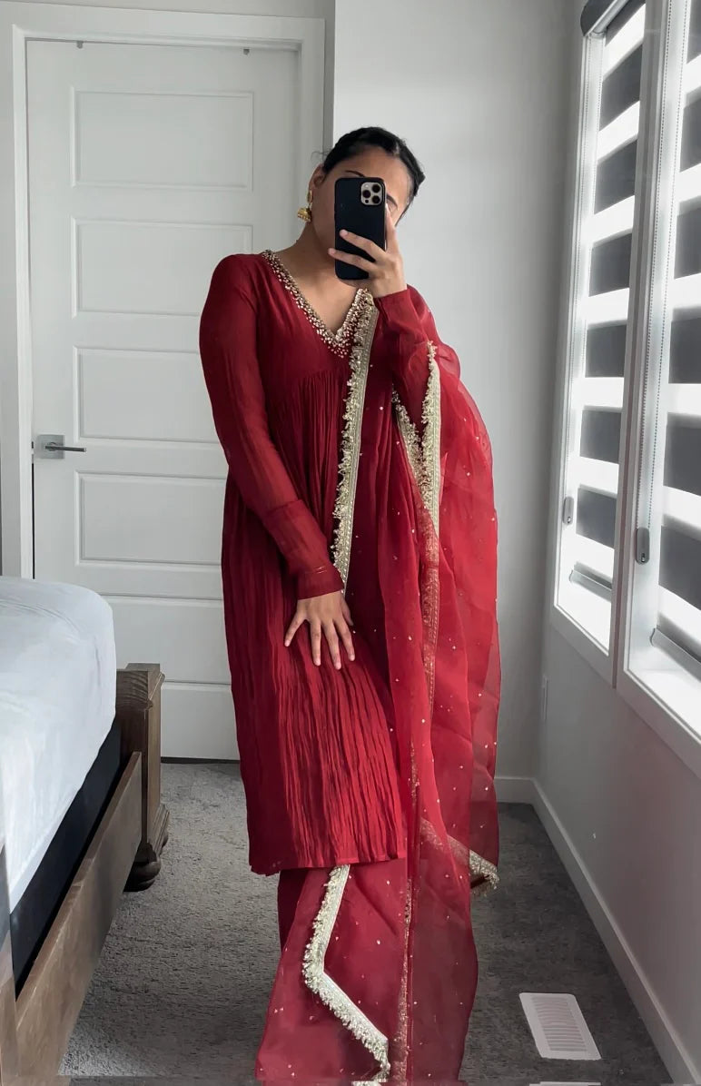 Mul Cotton Hand Work Anarkali with Churi Sleeves Set of 3