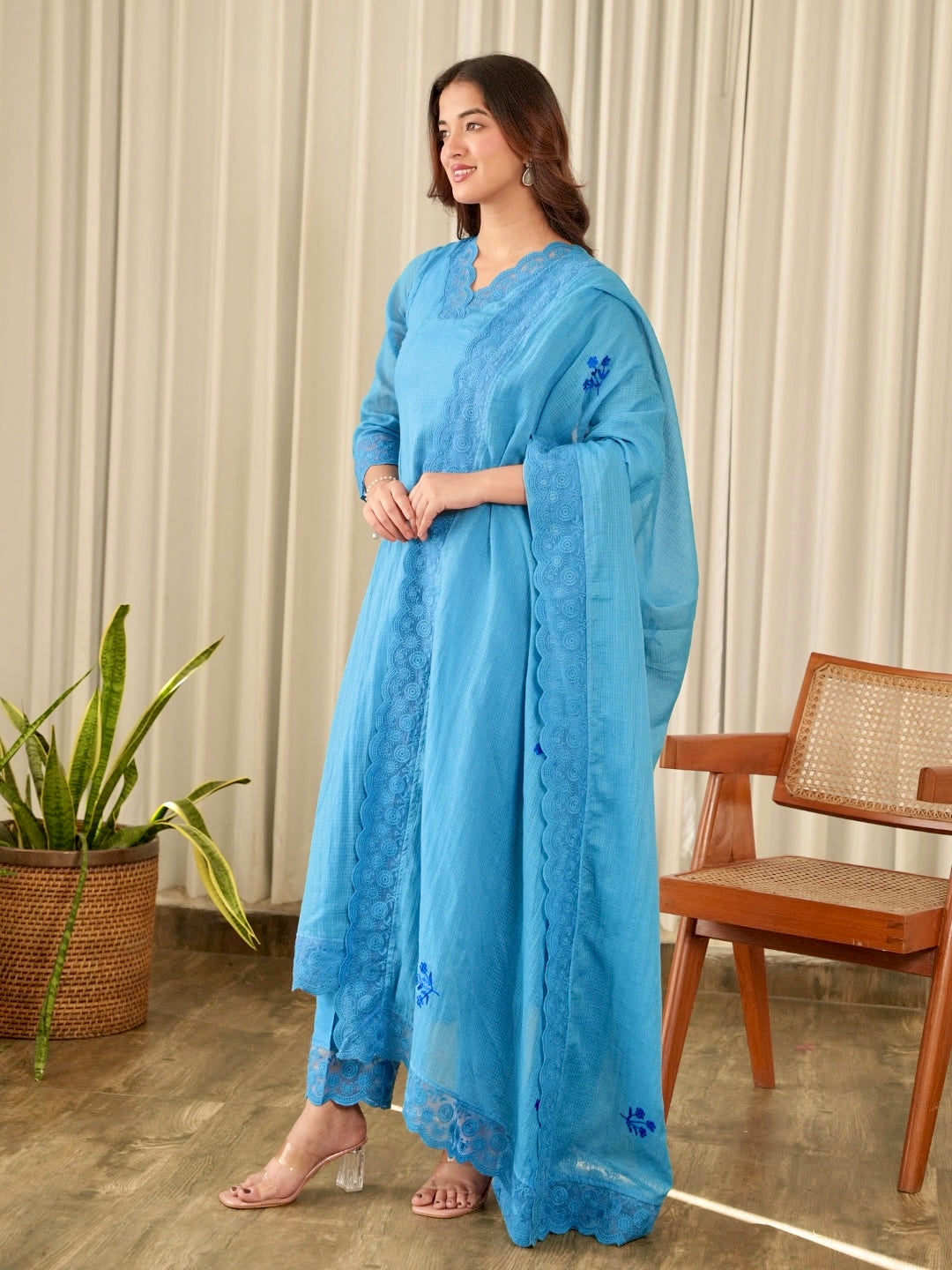 Powder Blue Aari Embroidered Mul Cotton Suit Set