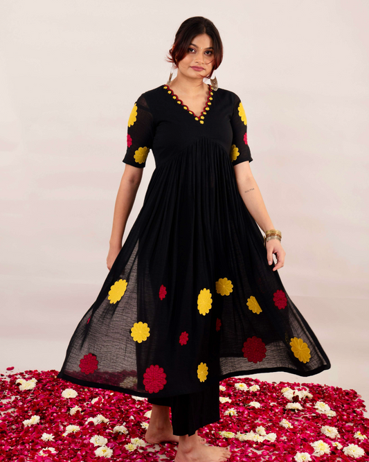 Midnight Black and Off White Kurta With Embroidered Floral Patchwork