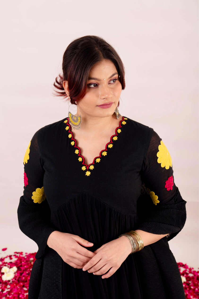 Midnight Black and Off White Kurta With Embroidered Floral Patchwork