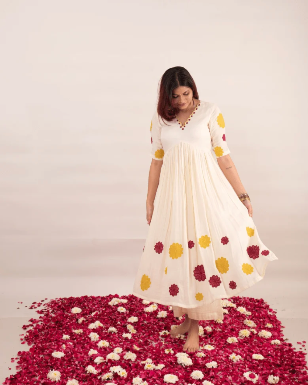 Midnight Black and Off White Kurta With Embroidered Floral Patchwork