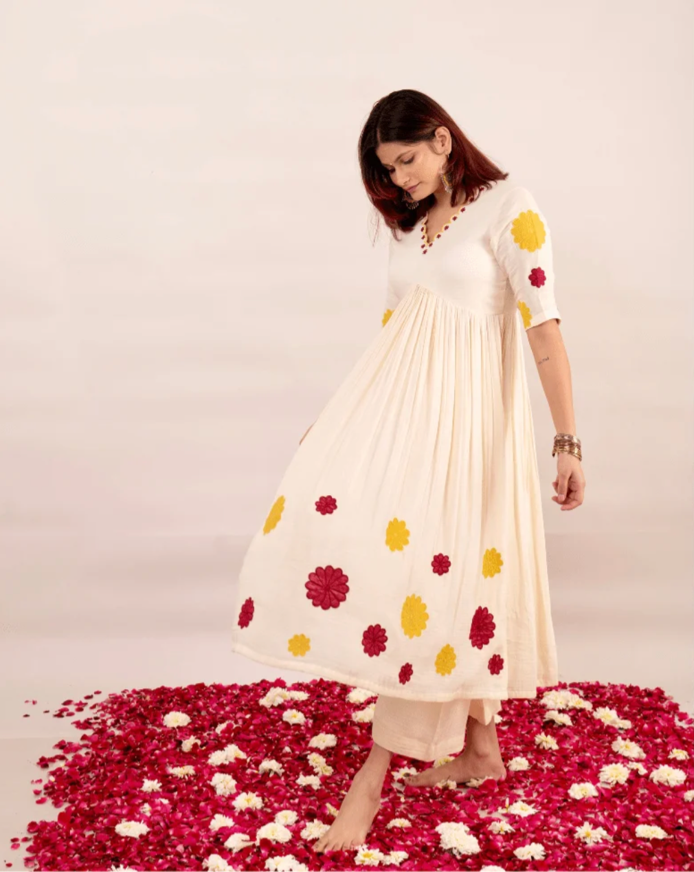 Midnight Black and Off White Kurta With Embroidered Floral Patchwork