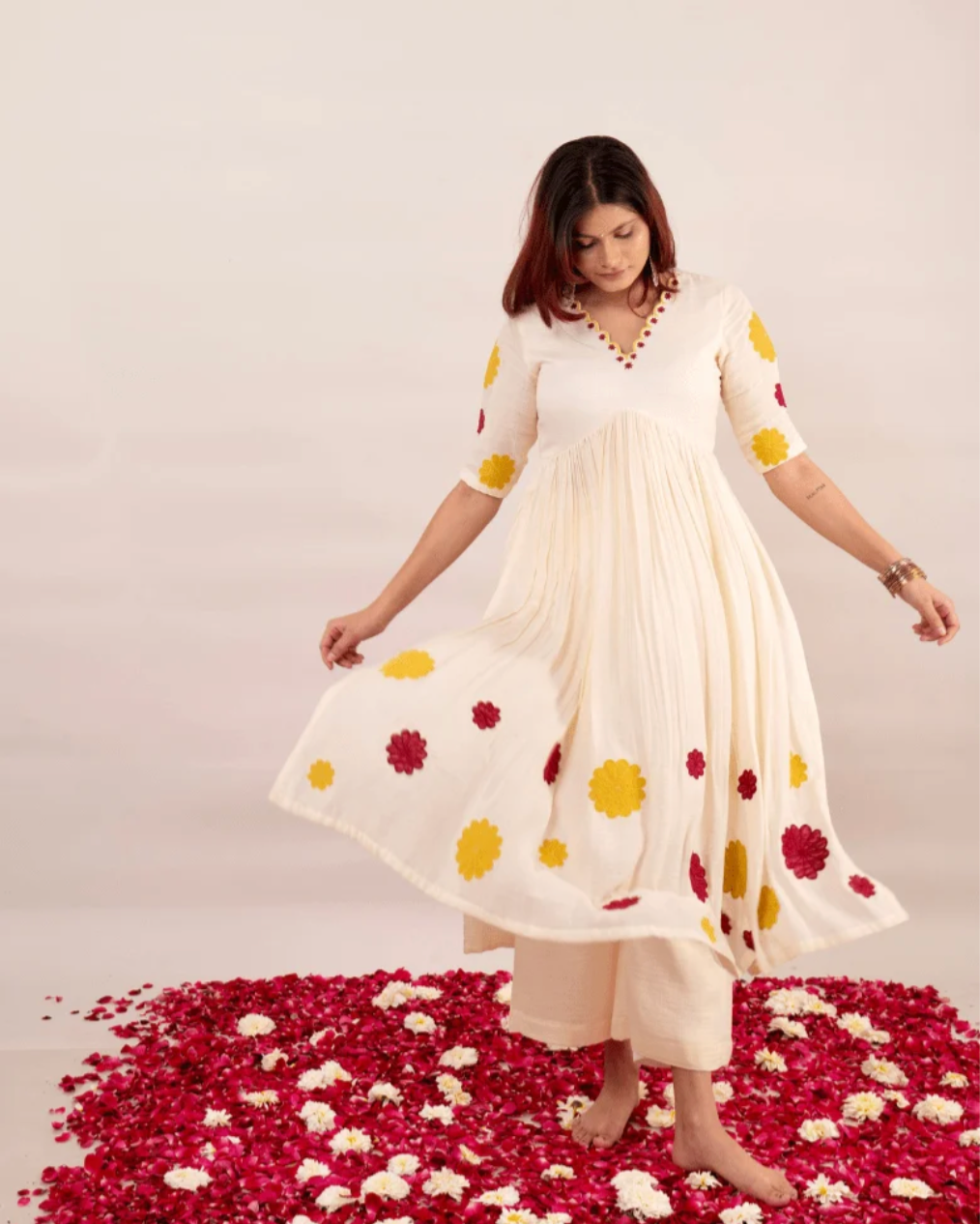 Midnight Black and Off White Kurta With Embroidered Floral Patchwork