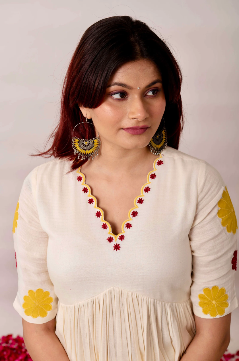 Midnight Black and Off White Kurta With Embroidered Floral Patchwork