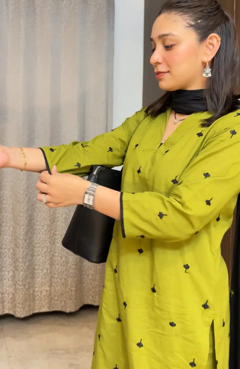 Green & Black Dress With Organza Dupatta