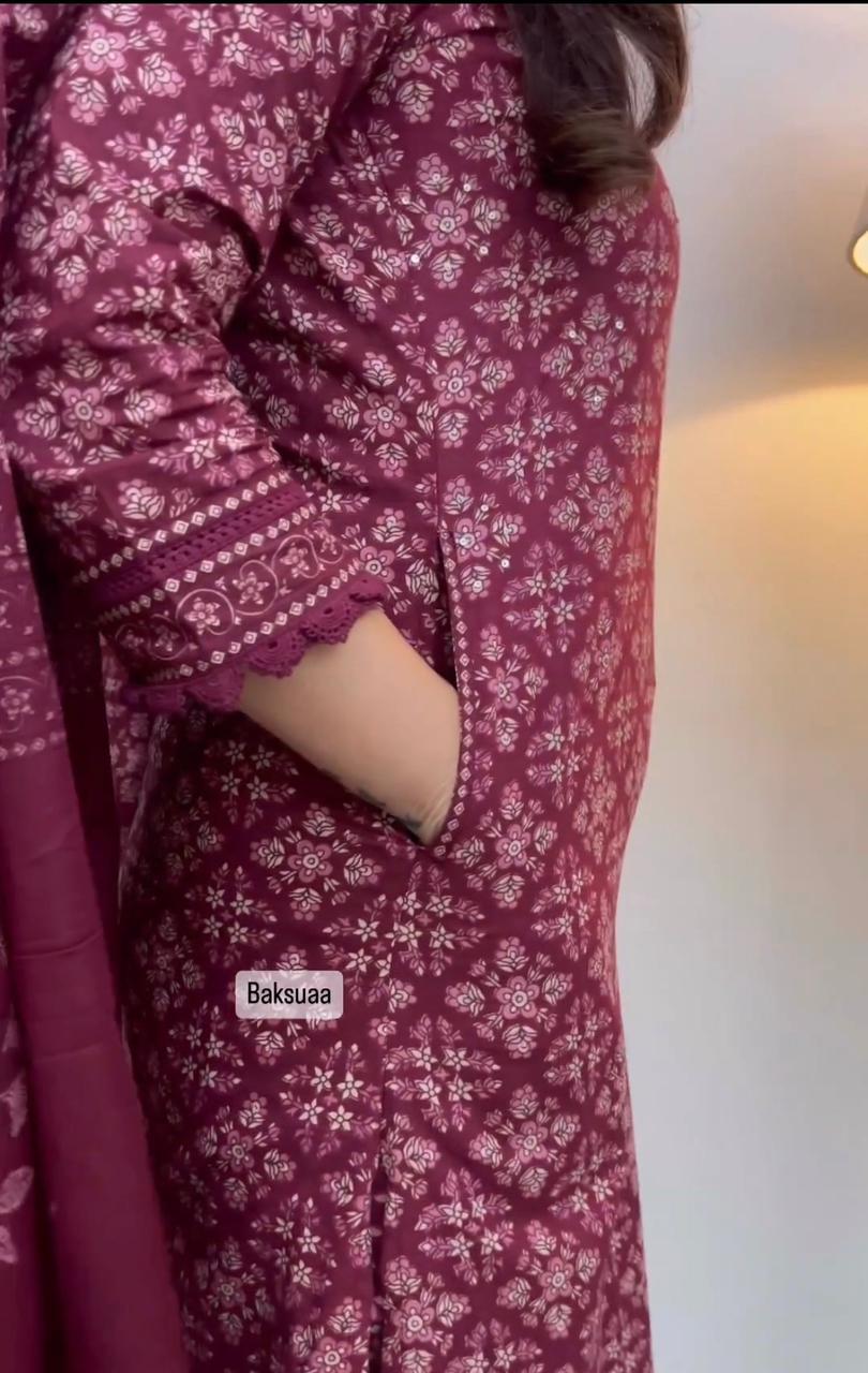 WINE COLOUR FLORAL COTTON AFGHANI SUIT SET