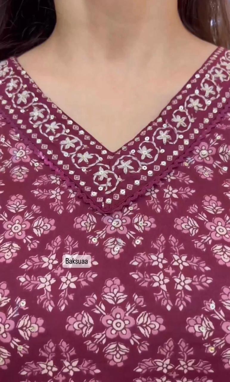 WINE COLOUR FLORAL COTTON AFGHANI SUIT SET