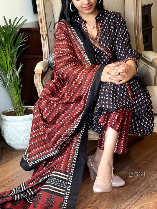 Maroon Black Hand Block Print Angrakha Kurti Set