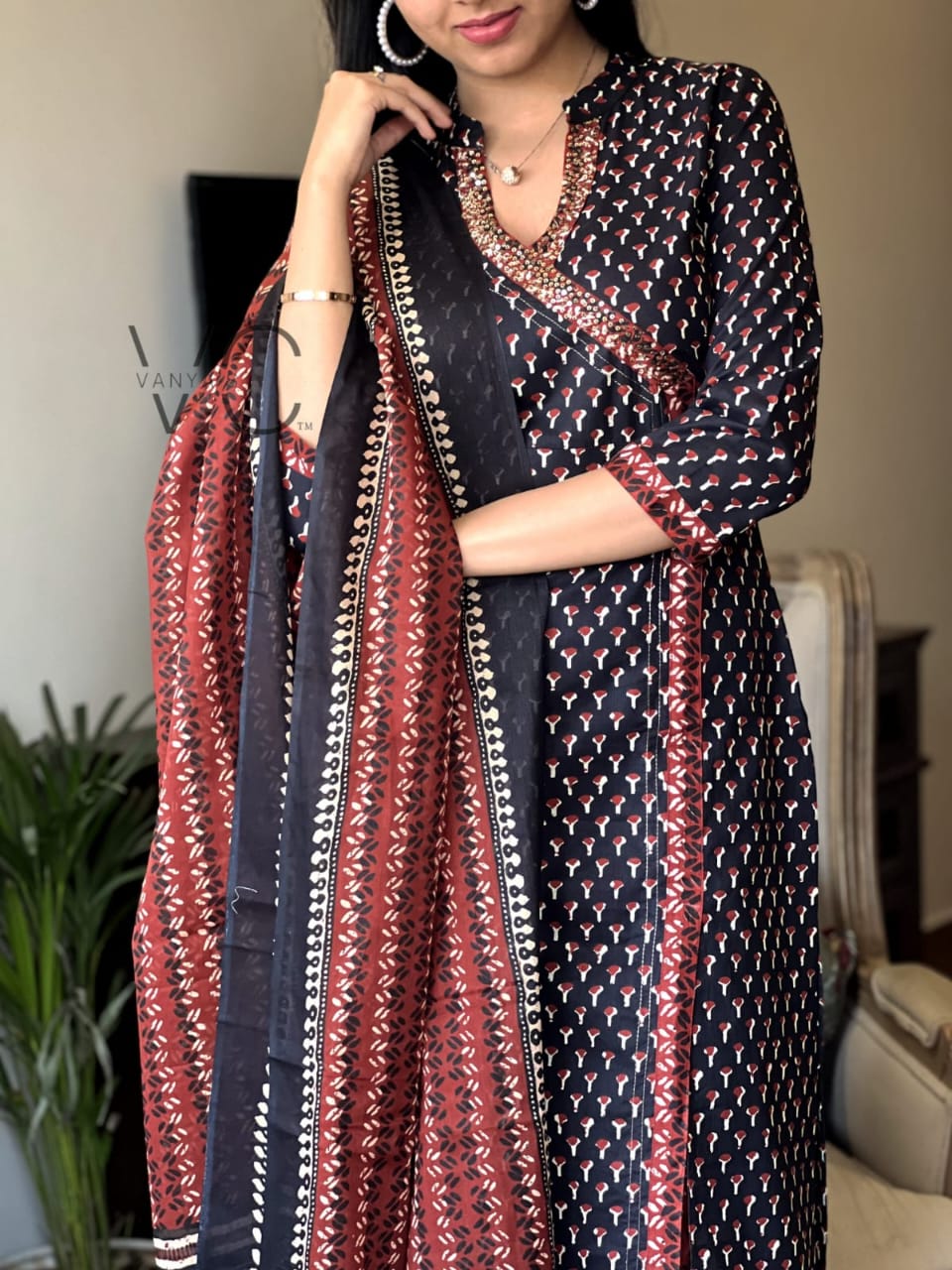 Maroon Black Hand Block Print Angrakha Kurti Set