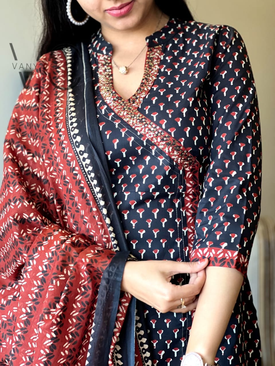 Maroon Black Hand Block Print Angrakha Kurti Set