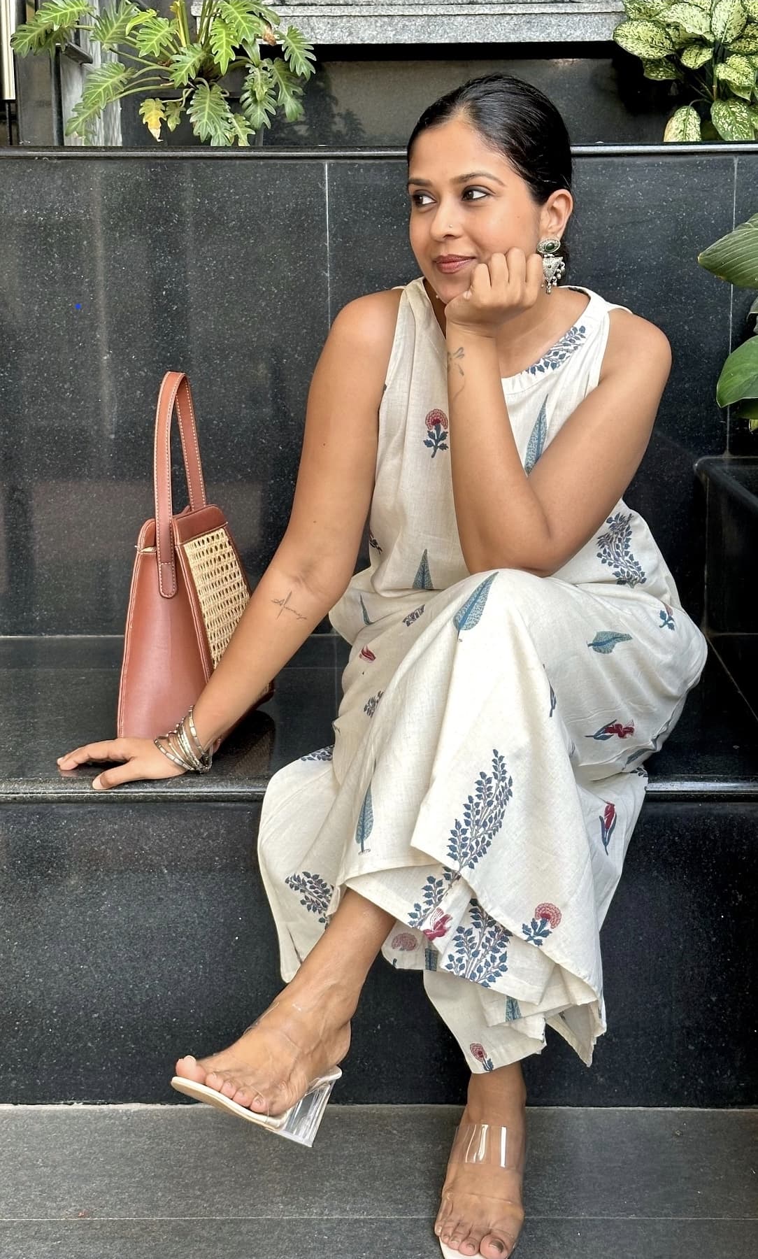Off White Hand Block Print A-line Cotton kurta Set