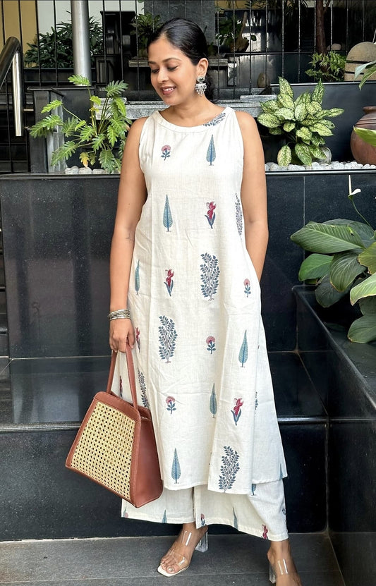 Off White Hand Block Print A-line Cotton kurta Set