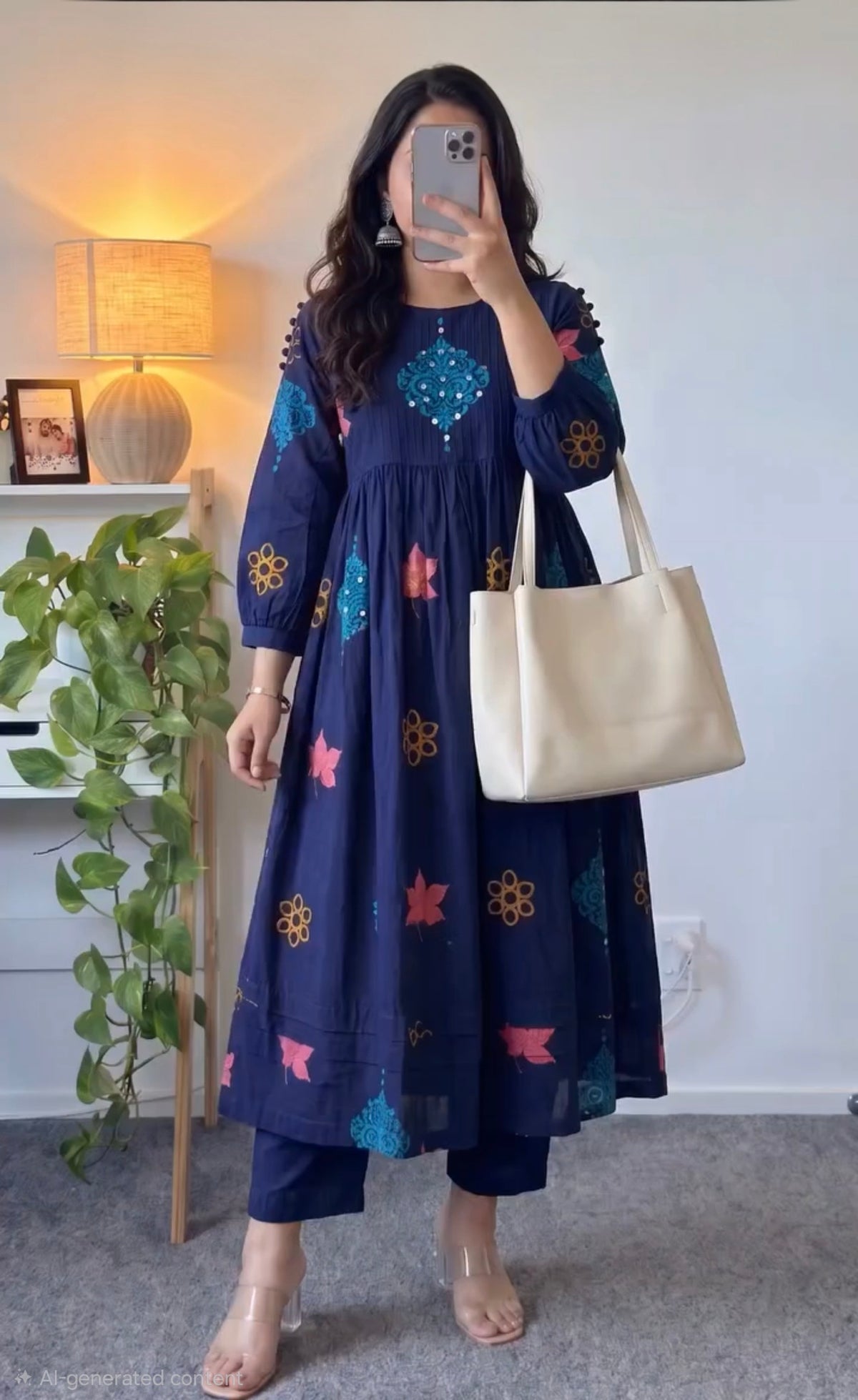 Blue Mirror Hand Work Kurti Set
