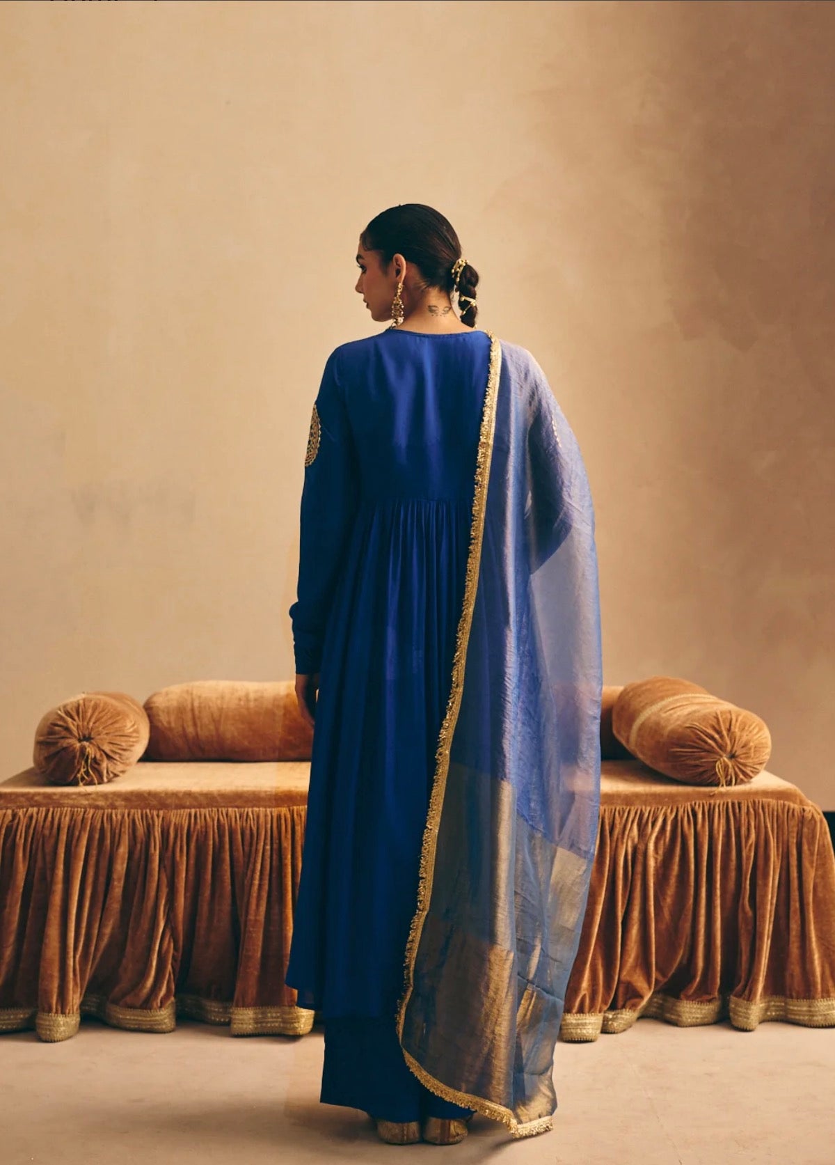 Women's Blue Embroidered Anarkali Kurta with Palazzo & Dupatta