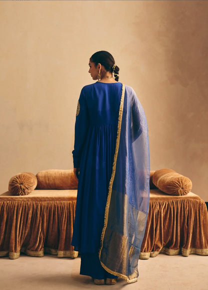 Women's Blue Embroidered Anarkali Kurta with Palazzo & Dupatta