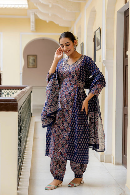 Blue Hand Block Print Afghani Cotton Suit