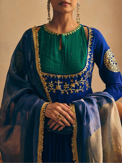 Women's Blue Embroidered Anarkali Kurta with Palazzo & Dupatta