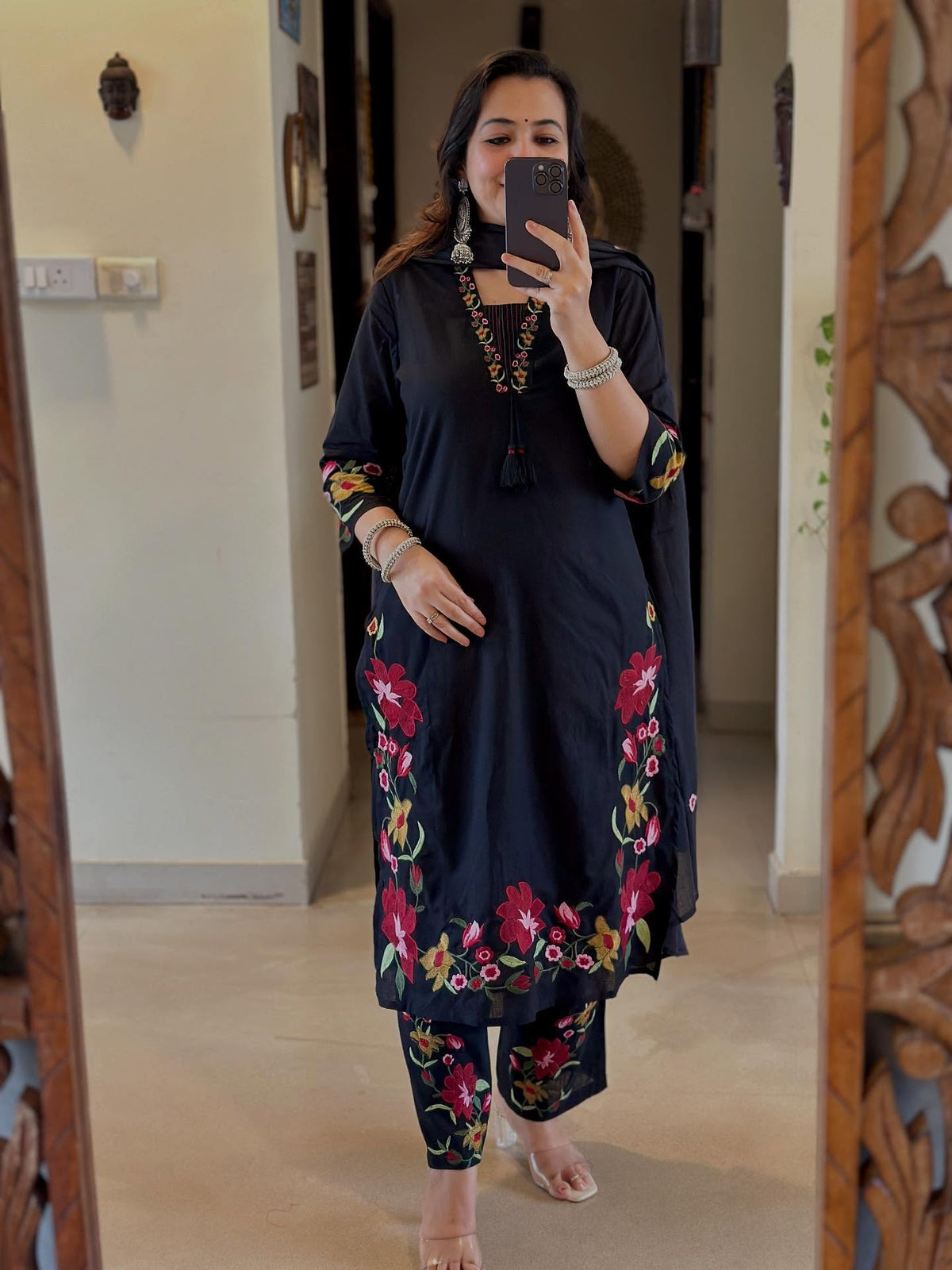 Black Embroidered Kurta Pants with Dupatta