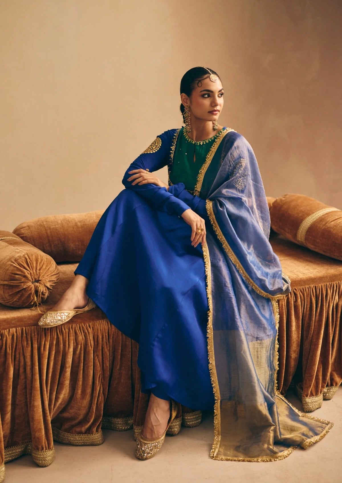 Women's Blue Embroidered Anarkali Kurta with Palazzo & Dupatta