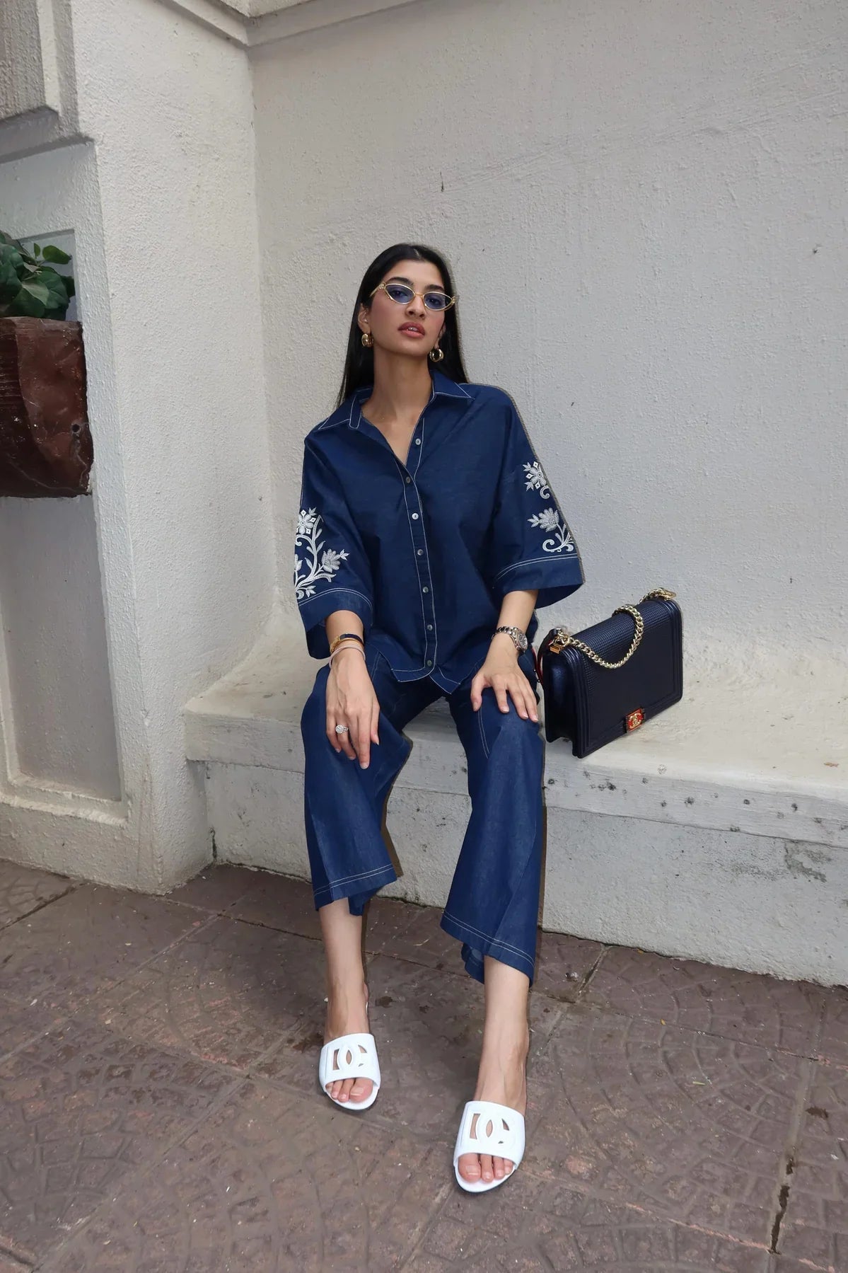 Noor Denim Embroidered Coord Set