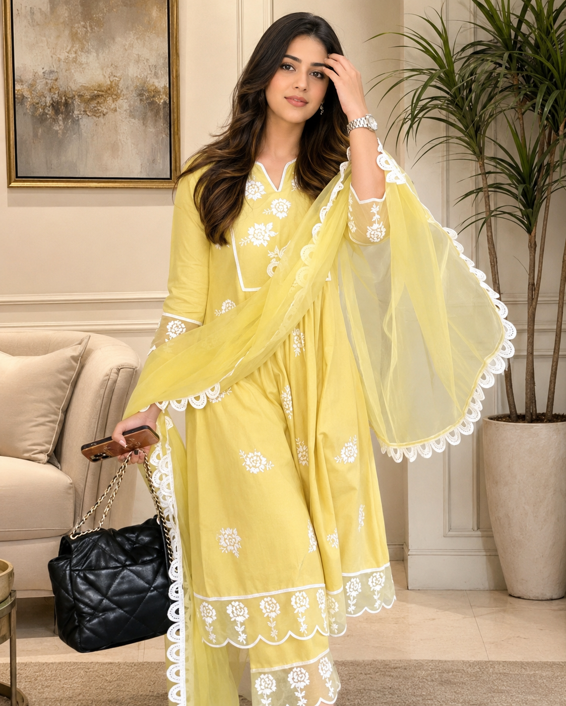 YELLOW EMBROIDERY KURTI SET