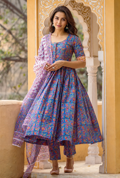 BLUE HAND BLOCK ANARKALI SET