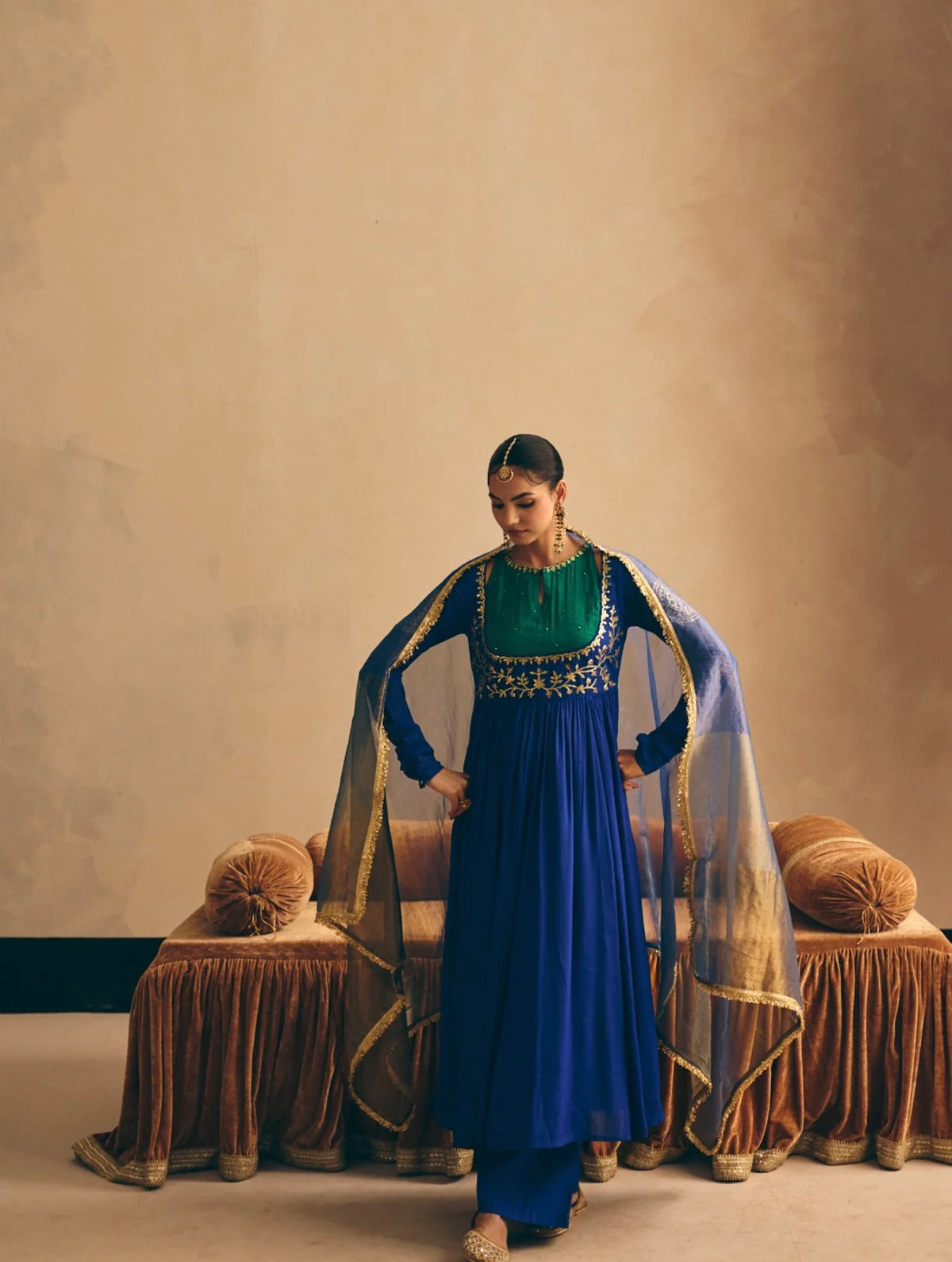 Women's Blue Embroidered Anarkali Kurta with Palazzo & Dupatta