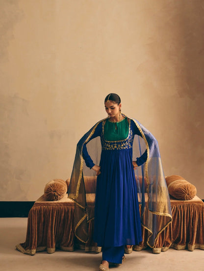 Women's Blue Embroidered Anarkali Kurta with Palazzo & Dupatta