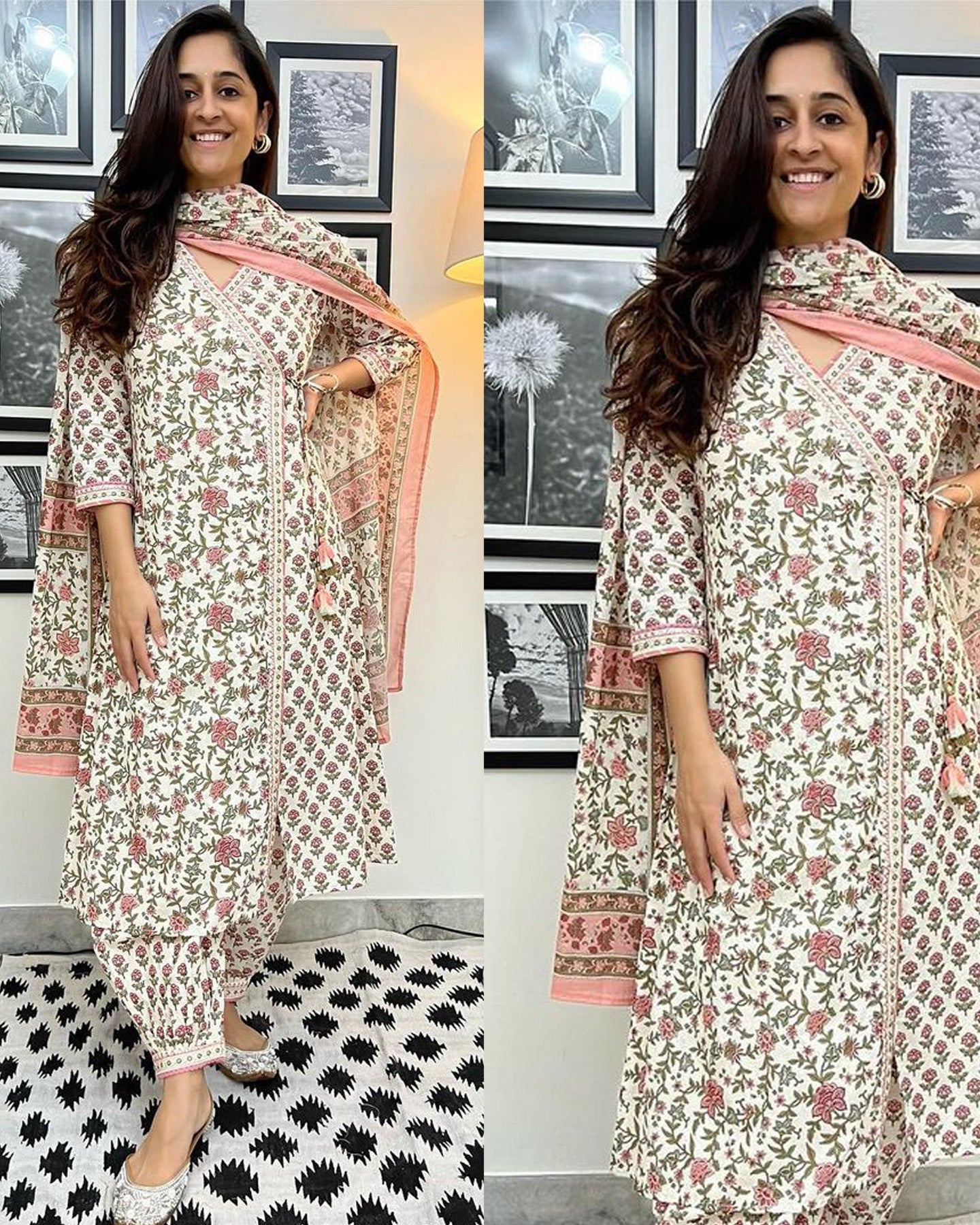 Angrakha kurta with afghani pleated salwar with a mulmul  printed dupatta