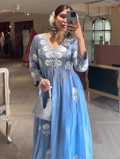 Sky Blue Beautiful Embroidery Dress