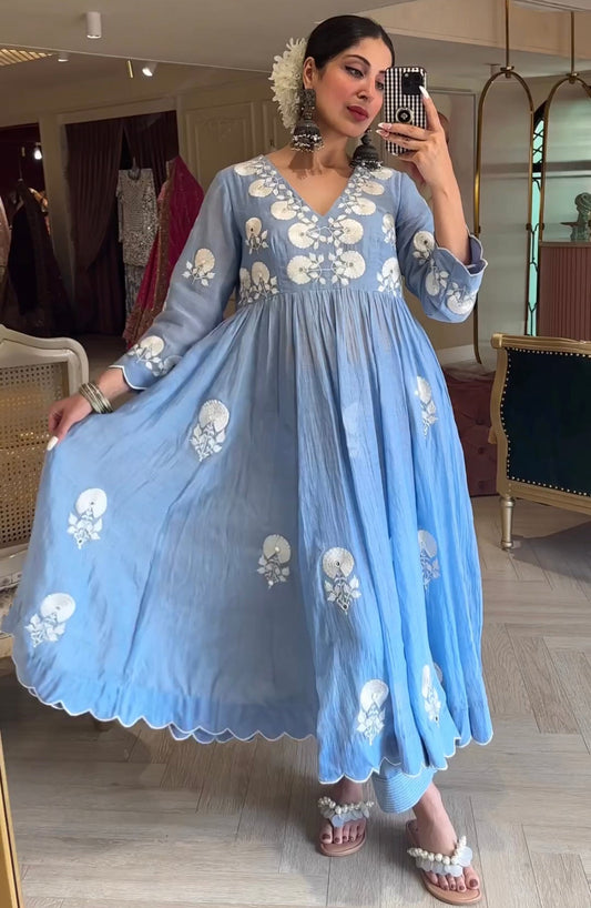 Sky Blue Beautiful Embroidery Dress