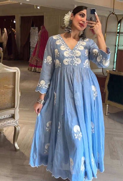 Sky Blue Beautiful Embroidery Dress