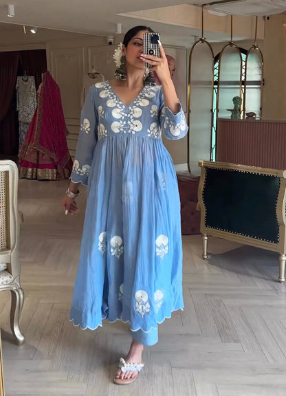 Sky Blue Beautiful Embroidery Dress