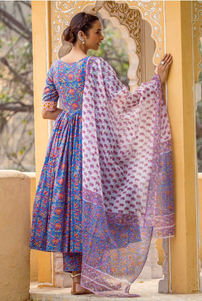 BLUE HAND BLOCK ANARKALI SET