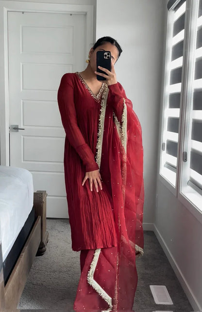 Mul Cotton Hand Work Anarkali with Churi Sleeves Set of 3