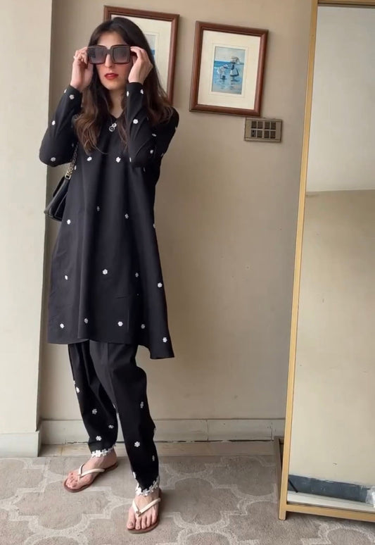 Black Embroidery Cotton Kurta Set