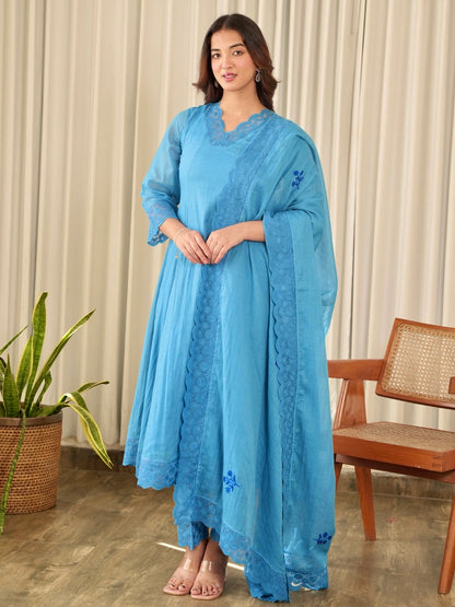Powder Blue Aari Embroidered Mul Cotton Suit Set