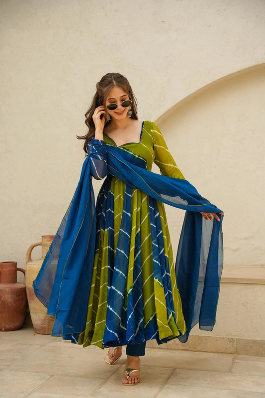 Leheriya Anarkali Suit Set with Dupatta