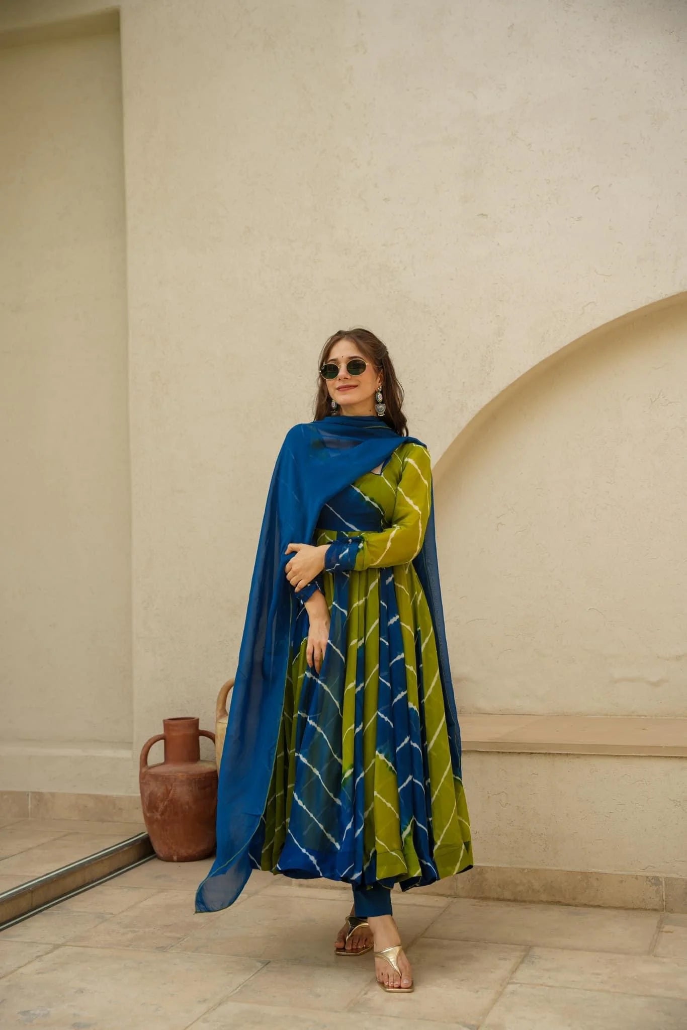 Leheriya Anarkali Suit Set with Dupatta