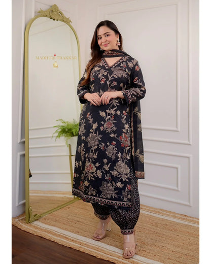 BLACK FLORAL COTTON AFGHANI SUIT