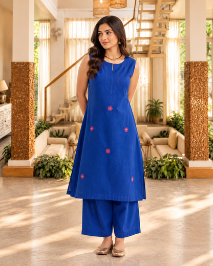 Shama Blue Cotton Sleeve-Less Kurta Set