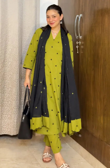 Green & Black Dress With Organza Dupatta