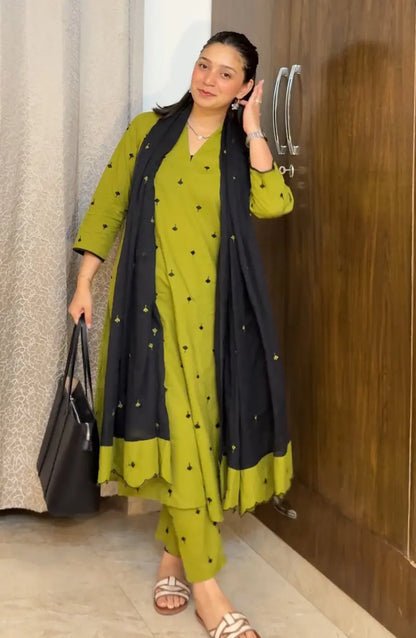 Green & Black Dress With Organza Dupatta