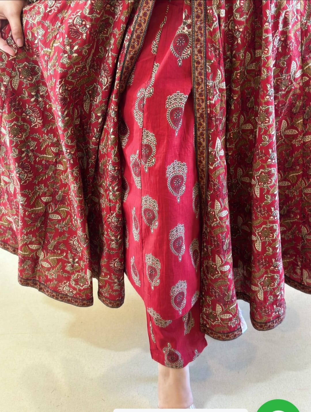 Floral Hand Block Print Cotton Anarkali Kurti Pant Dupatta Set