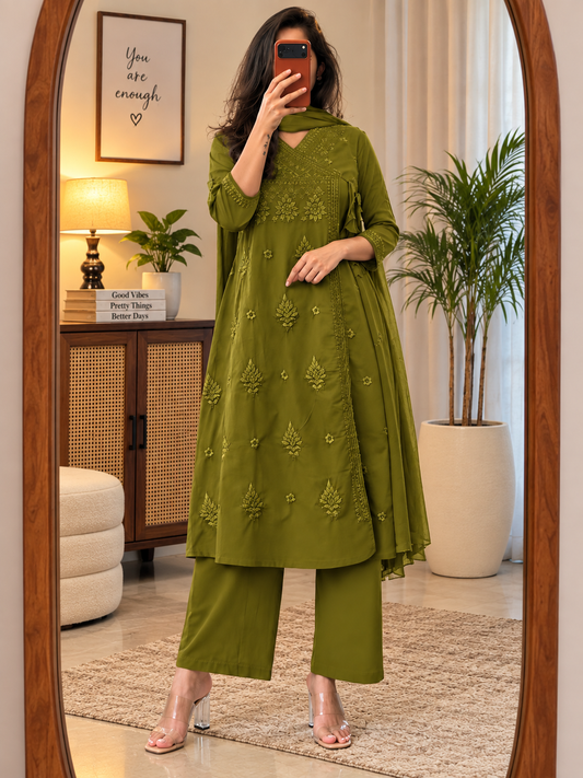 Lucknowi Hand Embroidered A Line Kurta Set