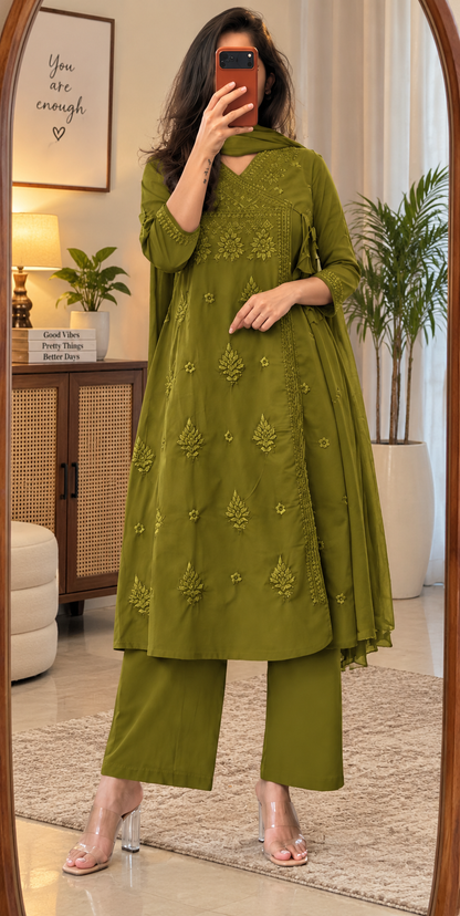 Lucknowi Hand Embroidered A Line Kurta Set