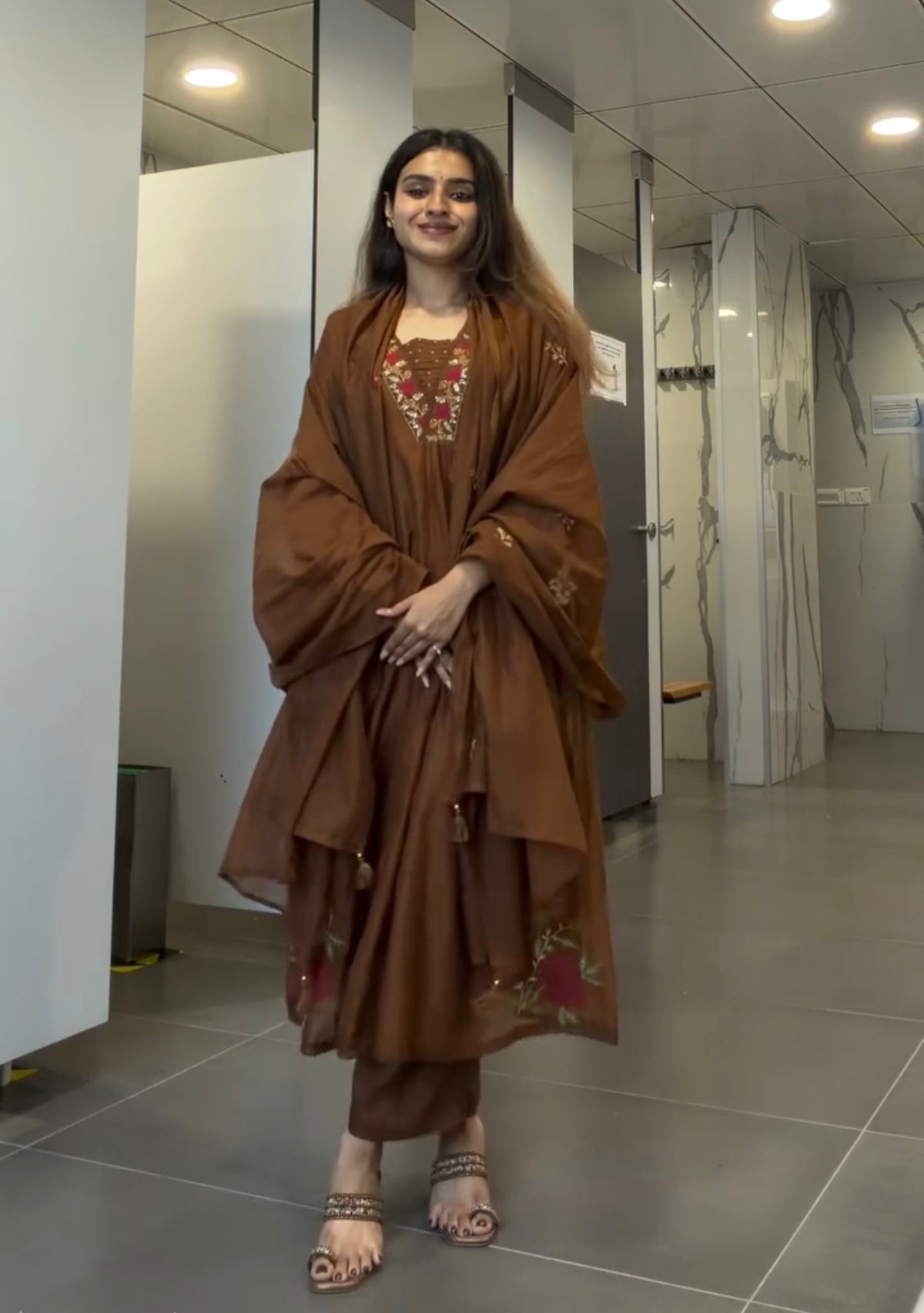 Brown Color Embroidered Cotton A line Suit Set