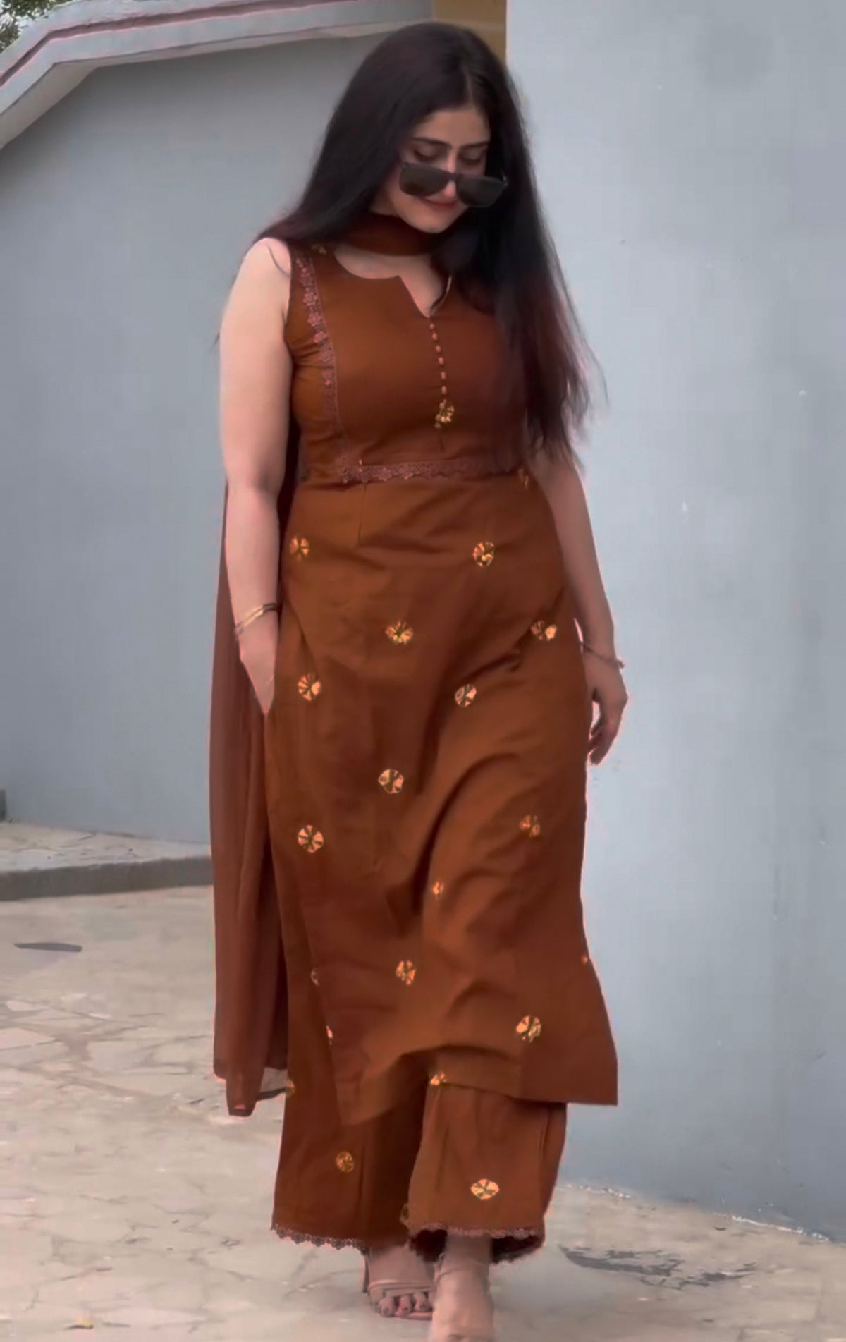 Cut-Sleeve Brown Kurti Set